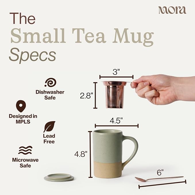 Mora Ceramics Tea Cup with Loose Leaf Infuser, Spoon and Lid, 12 oz, Microwave and Dishwasher Safe Coffee Mug - Rustic Matte Ceramic Glaze, Modern Herbal Tea Strainer - Great Gift for Women, Thyme