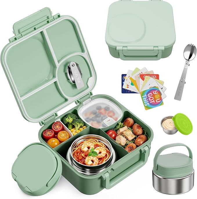 wiwens Kids Bento Lunch Box with Soup Thermo Food Lunch Container for Kid | 4 Compartment Leak-Proof Kids Lunch Box,9oz Stainless Steel Insulated Hot Food Jar,for Boys Girls Toddler to School Travel