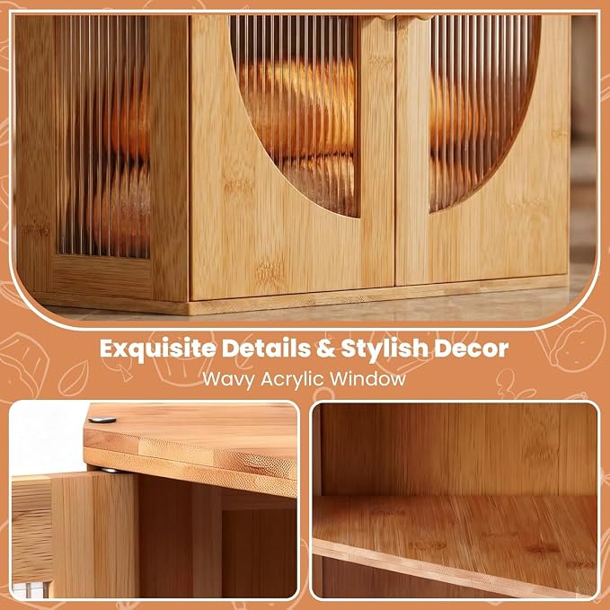 Corner Bread Box for Kitchen Countertop: Bamboo Storage Container for Homemade Bread, Two Layer Breadbox under Cabinet Mount, Large Bread Holder for Kitchen Counter, Pantry Shelf