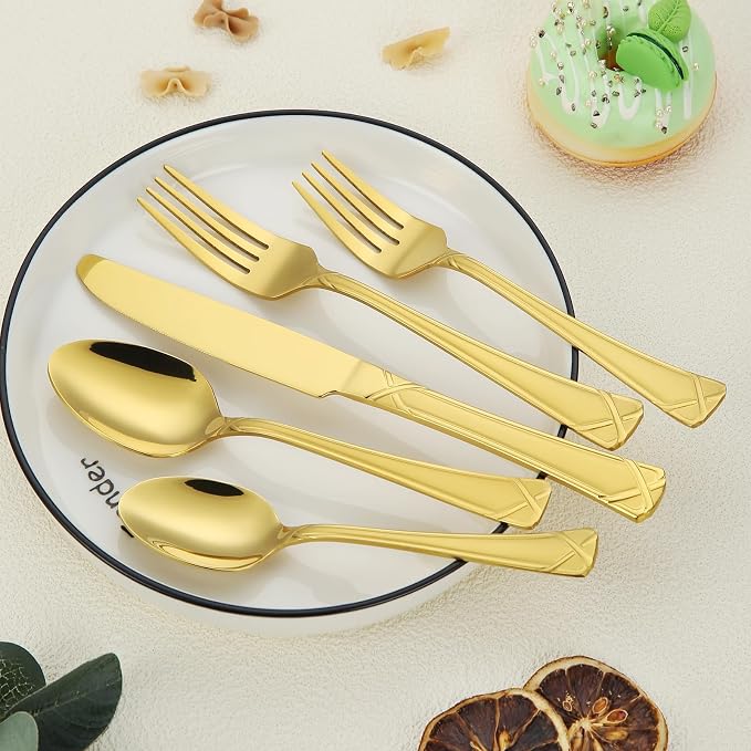 30-Piece Gold Silverware Set, Stainless Steel Flatware Set Cutlery Set include Knives, Forks and Spoons Service for 6, Mirror Polished
