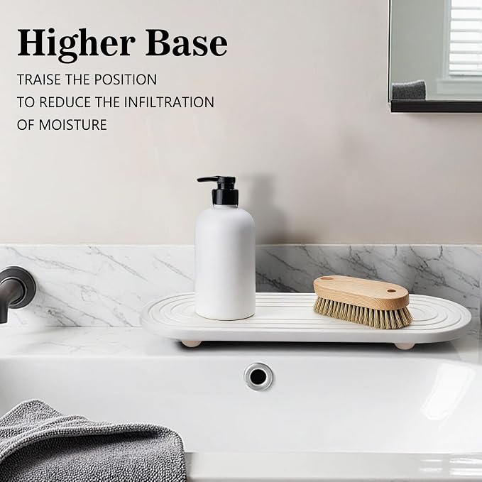 Instant Dry Sink Caddy Organizer, Fast Drying Sink Caddy, Water Absorbing Stone Sponge Holder for Kitchen and Bathroom Countertop with Natural Loofah and Wooden Feet