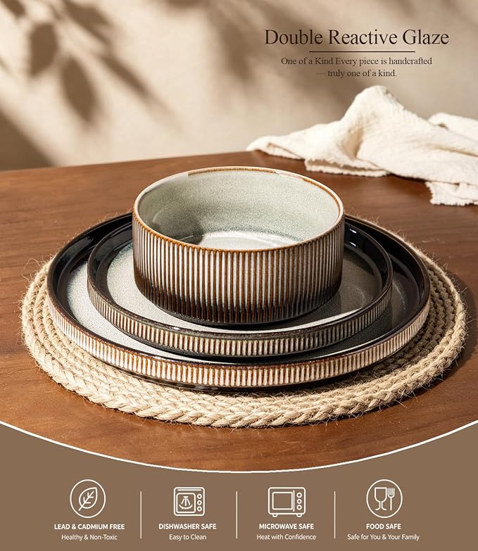 GBHOME Stoneware Dinnerware Sets for 4, 12-Piece Plates and Bowls Set | Handmade Reactive Glaze Ceramic Dish Set, Scratch Resistant, Dishwasher&Microwave Safe,Mocha & Sage