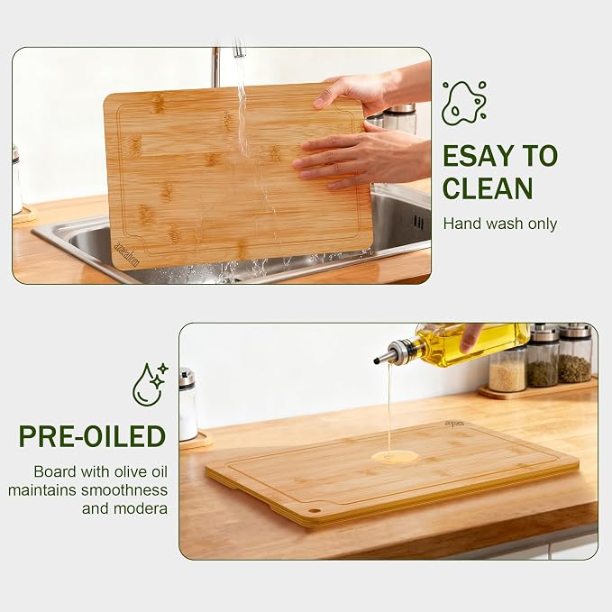 2-Piece Bamboo Cutting Board Set Serving Tray Juice GroovesHandles | Ideal for Meat Vegetables Fruit,Easy Storage & Quick Clean,Natural Wood Construction,Dual-Purpose as Serving Tray