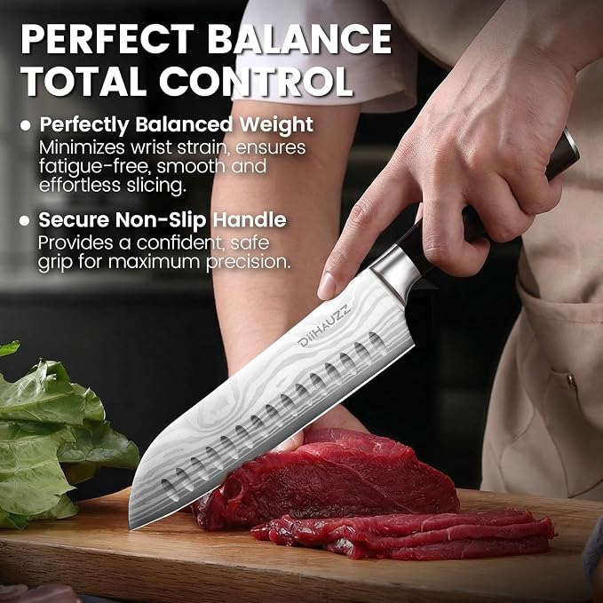 DiiHAUZZ 7" Santoku Knife, Japanese Chef Knife with Non-Stick Granton Edge | High Carbon Stainless Steel, Razor Sharp Edge, Ergonomic Handle, No Crack or Shrink Pakkawood, 59HRC, Sheath & Gift Box