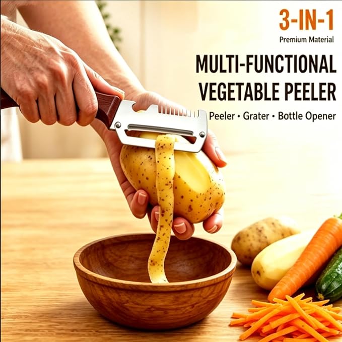 2PCS Multi-Functional Vegetable Peeler for Kitchen, 3 in 1 Stainless Steel Blade with Wooden Handle and Bottle Opener, Kitchen Gadgets Tool for Fruit Peeling Potato Carrot Veggie Peeler (A)