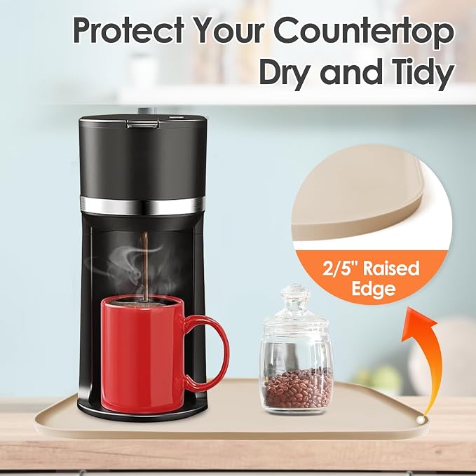 Silicone Coffee Maker Mat with Lip for Countertops, 17.4'' x 10.6'', Khaki | Multi leak-proof coffee tray for countertop, non-slip silicone mat fits most coffee makers & espresso machines, wipe-clean