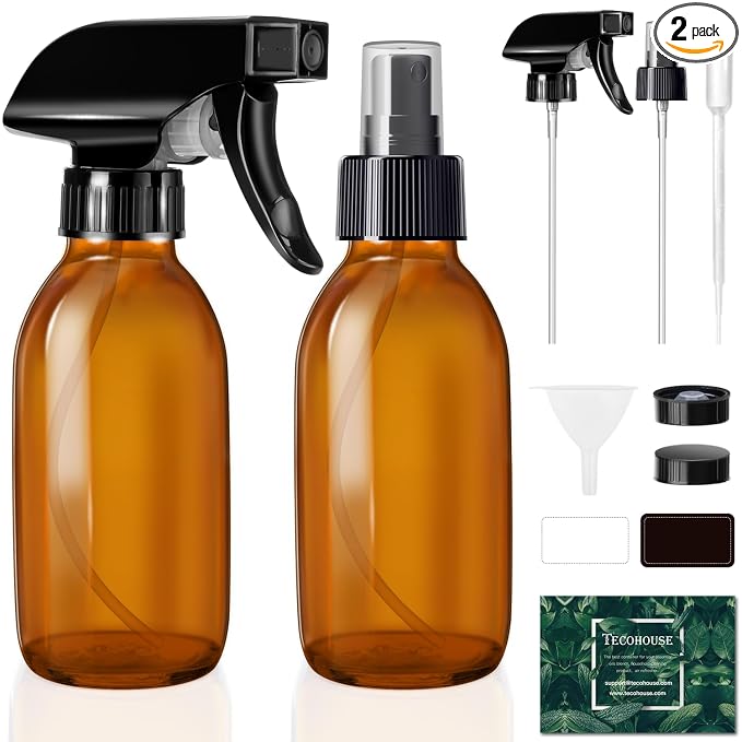 Tecohouse Small Glass Spray Bottles 4 OZ, 2 Pack Amber Glass Spray Bottles | Empty Spray Bottles for cleaning, Plants, Pets, Hair, Durable Spray Nozzle, Fine Mist, Labels, Funnel, Pipettes, Reusable