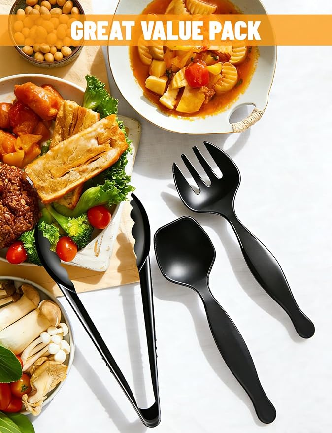 30Pcs Disposable Plastic Serving Utensils, Buffet Serving Utensils Set | 10 Black Plastic Serving Spoons, 10 Tongs, 10 Forks for Catering, Entertaining and Parties