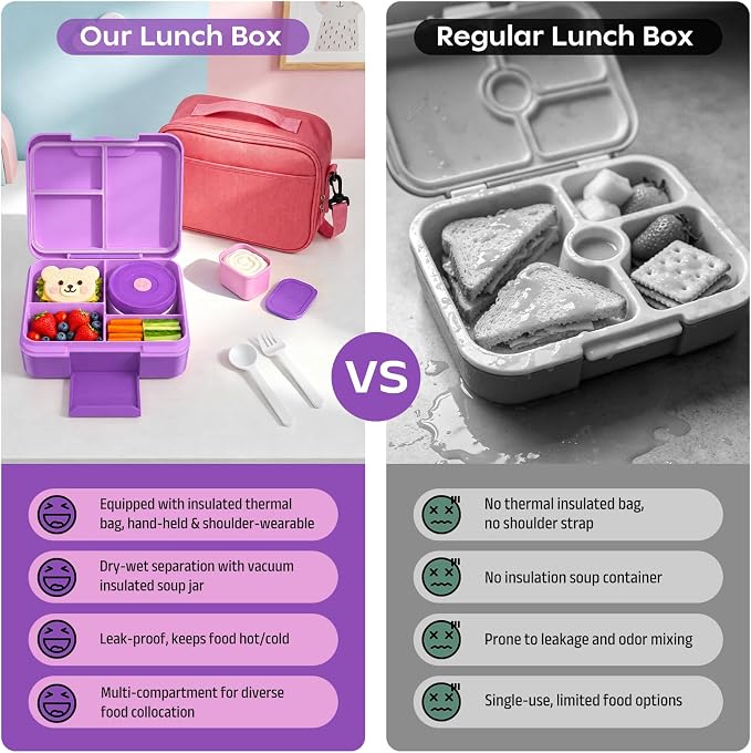Bento Lunch Box Set for Kids with 8.5oz Hot Food Jar Leak-Proof Lunch Food Container with Insulated Lunch Bag for Toddlers Girls Boys Teens to School, Office, Picnic, Camping, Travel - Purple