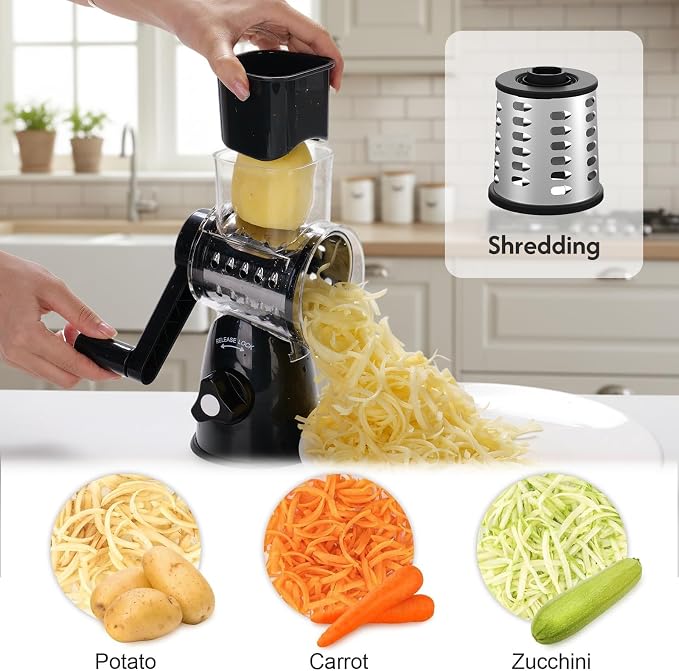 Rotary Cheese Grater Shredder | 3-in-1, Hand Crank, Suction Base