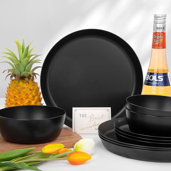 EjonirInjonir 12pcs Black Plates and Bowls Sets for 4 Unbreakable Outdoor | Reusable Stackable Black Plastic Plates and Bowls Sets for Outdoor Catering, RV Camping, College Dorms & Special Parties