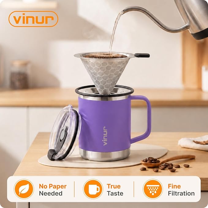 Pour Over Coffee Maker-12 oz Insulated Mug with Stainless Steel Filter | Stainless Steel Vacuum Insulated Coffee Maker With Stainless Steel Filter for Home, Camping, Gift for Men & Women (Purple)
