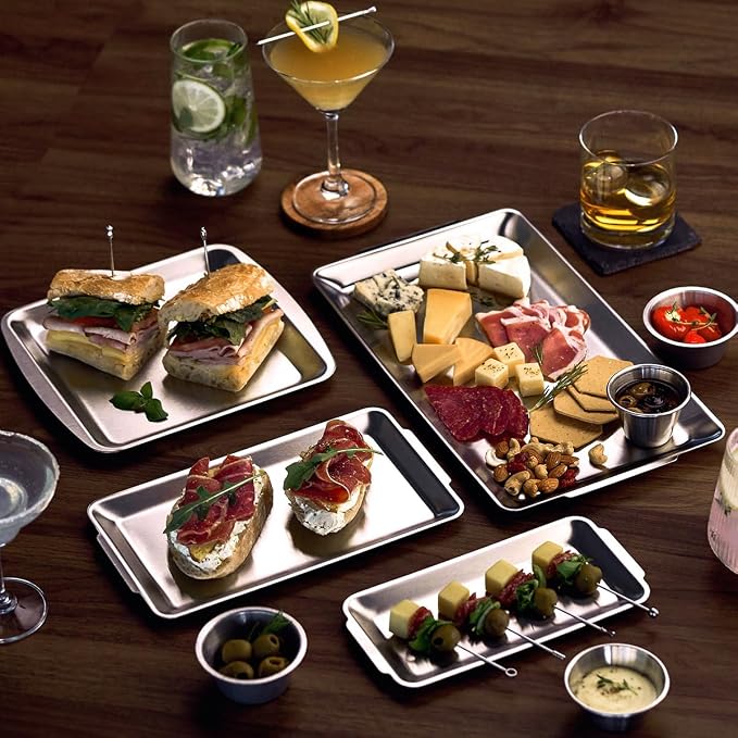 Wagensteiger SUS304 Stainless Steel Serving Platters, Rectangle Metal Dinner Plate with Handles, Decorative Tray, Lightweight, Cheese Board, Oven Safe (8.66 x 4.33 inches)
