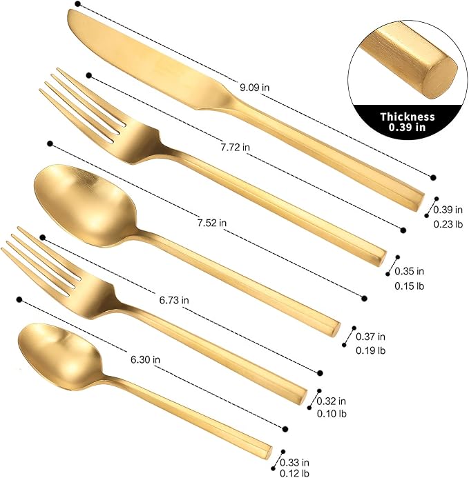 Matte Silverware Set Gold Flatware Set with Hexagon Handle 20 Pieces 18/0 Stainless Steel Cutlery Set Wedding Housewarming Gift Service for 4 (Matt gold)