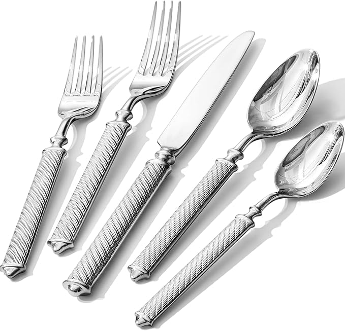 Silverware Set for 12, 60 Piece Flatware Set, 18/10 Stainless Steel | Retro Rope Handles, Hot Forged, Mirror Polished, Dishwasher Safe, Rust Resistant, for Home, Weddings & Housewarming