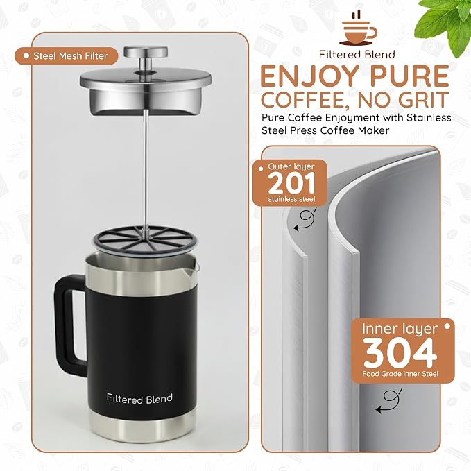 54 oz French Press Coffee Maker, Stainless Steel, Double Filter, Black | 54 oz Capacity, French Press Coffee Maker, Stainless Steel, Double Mesh Filter, Hot & Cold Brewer, Travel Friendly, Black