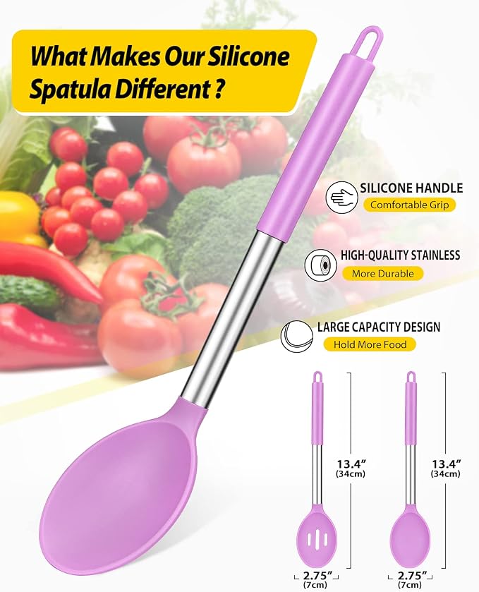 BUNDLEPRO Silicone Cooking Spoons for Non Stick Cookware, 2 Pack, Purple | Heat Resistant, Large Kitchen Spoons for Mixing, Serving, Draining, Stirring