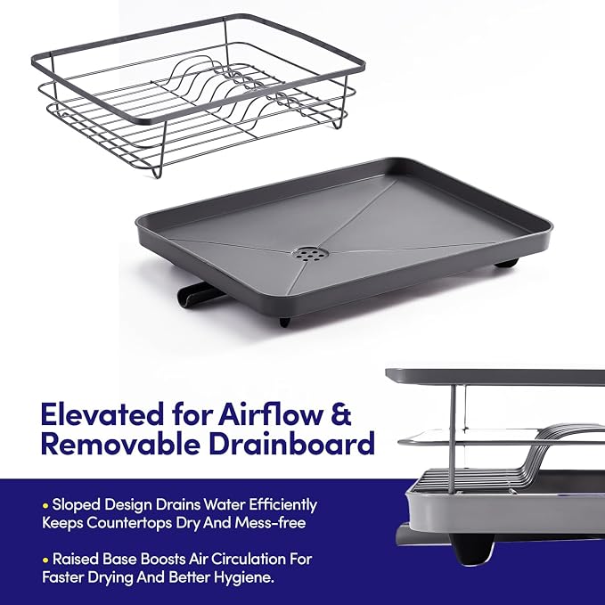 Dish Drying Rack 3 Piece Dish Drainer with Drainboard Set for Kitchen Counter – Dish Rack with Removable Utensil Holder & Swivel Spout for Countertop – DishRack for Plates, Cups & More, Gray
