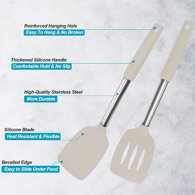 2 Pack Spatulas, Solid & Slotted Silicone Spatula Set, Stainless Steel Handle Coated with Silicone, Non Stick Turners, Heat Resistant Rubber Spatulas for Fish, Eggs, Pancakes, Khaki