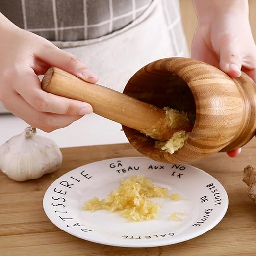 Wooden Pestle and Mortar Bamboo Bowl Set Guacamole Bowl Shell Garlic Pepper Press Mincer Grinder Chopper Crusher Molcajete Mixer for Guacamole,Herbs,Spices,Garlic,Medicine Pills,Seeds - Medium