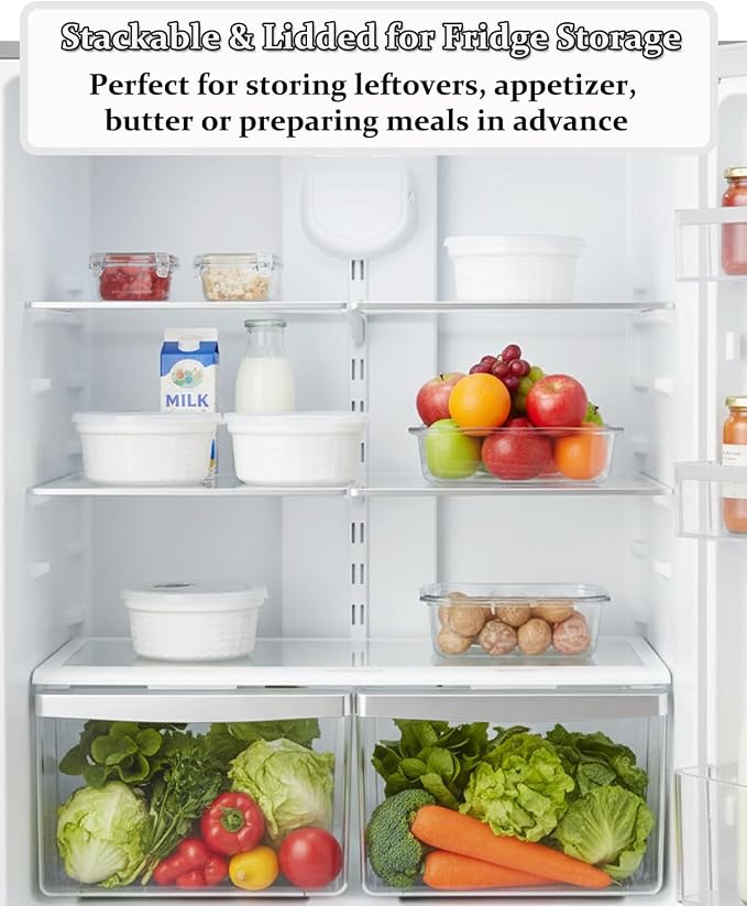 Large Mixing Bowls with Airtight Lids, Classic White Porcelain Embossed Nesting Salad Bowls for Baking and Cooking, 12/16/28/40oz Serving Bowls Set of 4, Oven and Dishwasher Safe, Thanksgiving Gift