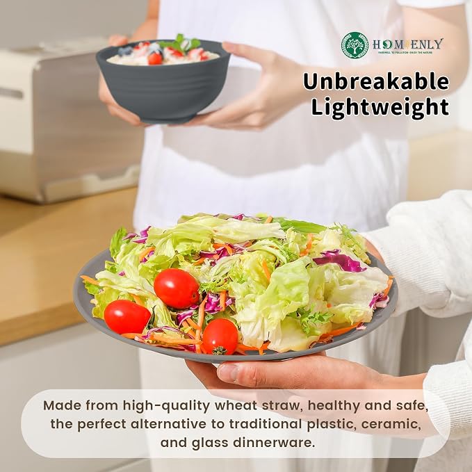 Wheat Straw Dinnerware Set - Dinner Plates, Cereal Bowls, Drinking Cups Set, Unbreakable 16 PCS Dish Set, Microwave and Dishwasher Safe Dishes for Home, Outdoor - Grey Stone