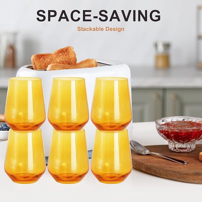 Amber Stemless Wine Glasses Set of 6, 15oz Drinking Glassware Dishwasher Safe, Wine Glass Tumblers for Red or White, Gift for Party, Holiday, Anniversary, Restaurant, Home Bar, Daily Use