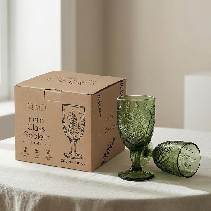 Green Glass Goblets Set of 4, Colored Wine Glasses, Vintage Fern Glassware | Hand-Pressed, Dishwasher Safe, Boho Leaf-Textured Drinkware, Embossed Stemware for Water, Cocktails, Retro Style Kitchen Gift
