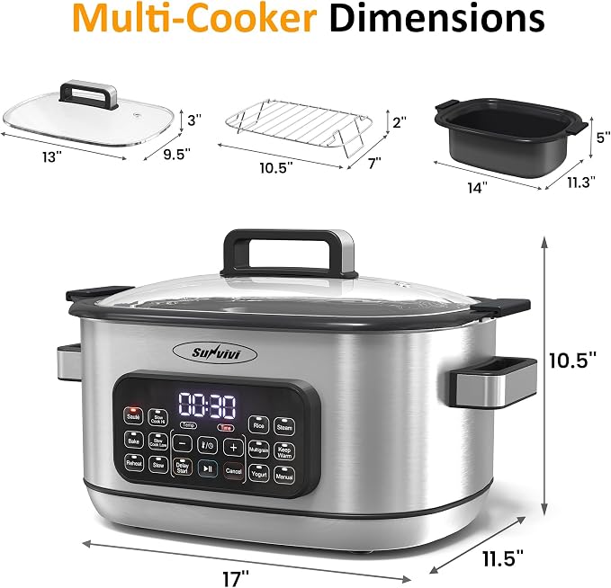 Sunvivi 12-in-1 Programmable Slow Cooker 6.5QT with Timer & Keep Warm | Multicooker with Timer & Temp Control, Dishwasher Safe Lid & Removable Nonstick Crock, Stainless Steel Rack, Sliver