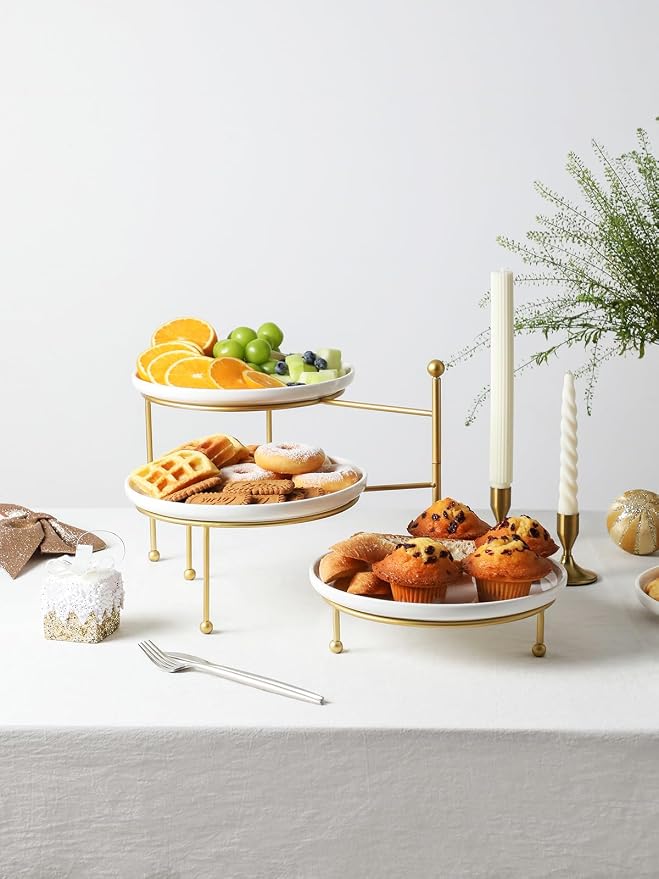Kanwone 3 Tiered Serving Stand with White Porcelain Plates, 10.3" Round Tray, dessert table display set, Gold Metal Stand, Versatile & Durable