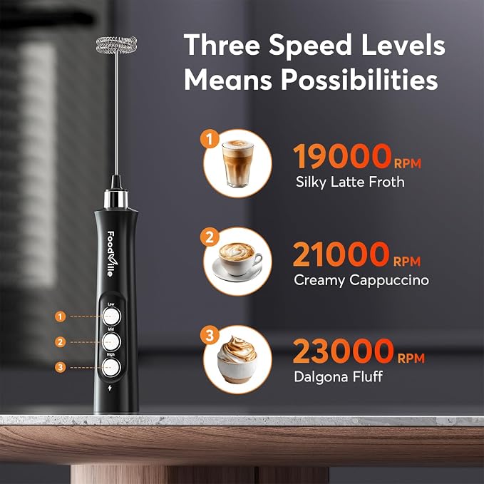 MF02 Rechargeable Milk Frother Handheld Foam Maker with Stainless Whisk for Cappuccino, Latte, Bulletproof Coffee, Keto Diet, Protein Powder, Matcha (Dark Black)