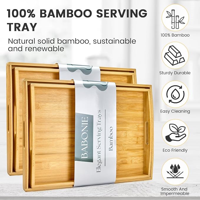 Bamboo Serving Tray Set of 4, Bamboo Trays with Handles | Decorative bamboo serving trays for serving, storage,kitchens, living rooms,bathrooms, outdoor scenarios and more