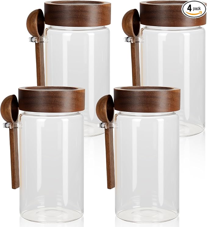 18 oz/550 ml Glass Storage Canister with Airtight Wooden Lid, Clear Small Decorative Container Jar with Spoon for Salad Overnight Oats Snacks Yogurt Cereal Fruit Spice Sugar Coffee - 4 Pack