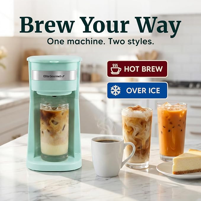 Elite Gourmet EHC113M Personal Single-Serve Compact Coffee Maker, Mint | Includes 14oz stainless steel interior thermal travel mug, reusable filter - compatible with coffee grounds