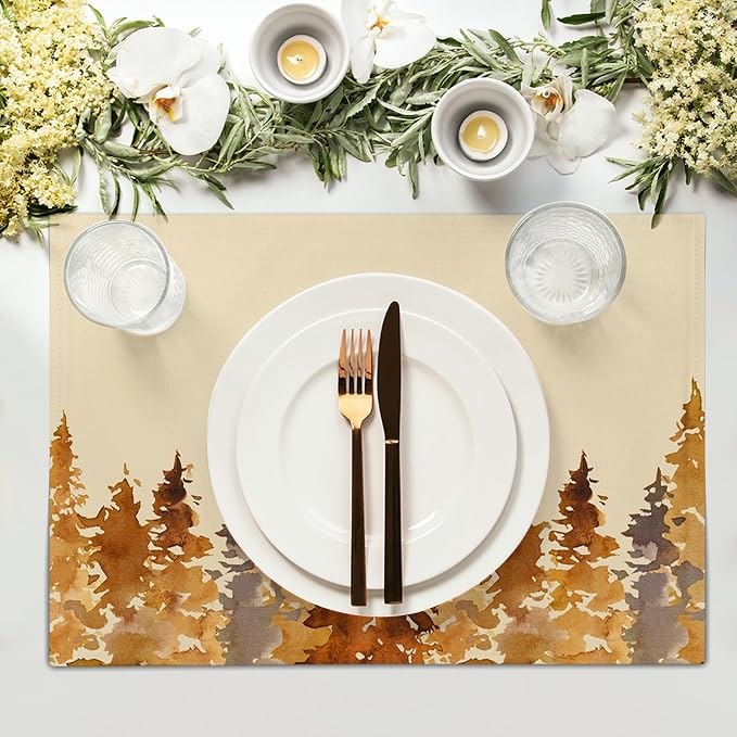 Fall Forest Placemats Set of 4 18x12 Inch Autumn Tree Linen Place Mats Heat-Resistant Washable Wipeable Orange Pine Tree Table Mat for Party Kitchen Dining Room Dinner Table Decor