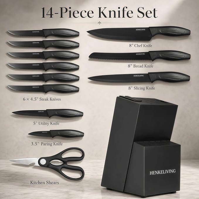 Knife Set with Built-in Sharpener Block, Dishwasher Safe | 14-Piece, High-carbon stainless steel blades, Ultra-sharp edges, Ergonomic non-slip handles, Great gift