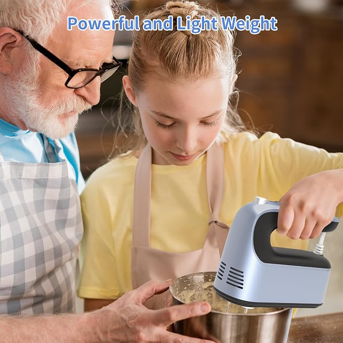 Yomelo 9-Speed Digital Hand Mixer Electric, 400W Powerful DC Motor, Hand Mixer Electric Handheld with Snap-On Storage Case, 5 Stainless Steel Accessories, Beaters, Dough Hooks, Whisk(Ocean Blue)