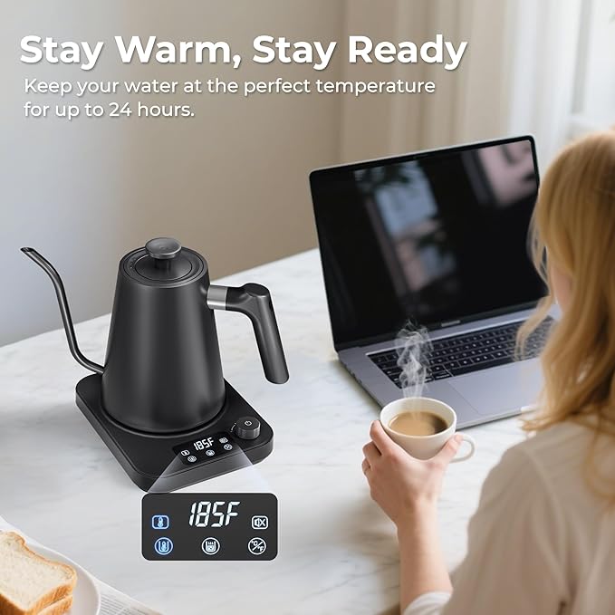 Gooseneck Electric Kettle, ±1°F Temperature Control Electric Kettle, 1.0L 1200W Fast Heating, 24H Keep Warm, 30Min Auto Memory, Food Grade Stainless Steel, Pour Over Kettle for Coffee and Tea
