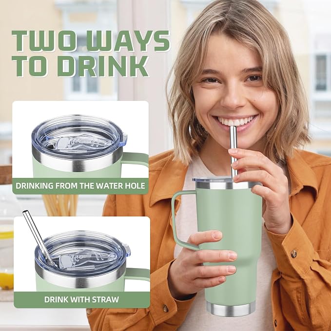 20oz Stainless Steel Insulated Tumbler with Handle, Double Wall Vacuum Insulated Coffee Mug, Leak Proof Travel Mug, Hot & Cold Drink, Green Tea, 1 Pack