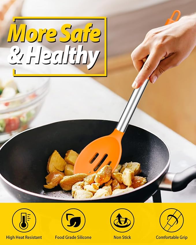 BUNDLEPRO Silicone Cooking Spoons for Non Stick Cookware, 2 Pack, Orange | Heat Resistant, Large Kitchen Spoons for Mixing, Serving, Draining, Stirring
