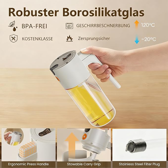 20.3oz/600ml Leak-Proof Glass Olive Oil Sprayer for Cooking, Fine Mist | 2 in 1 Oil Dispenser and Sprayer, Switch Between Fine Mist & Precision Pour for Air Fryer, BBQ, Salad, Baking - Off & White