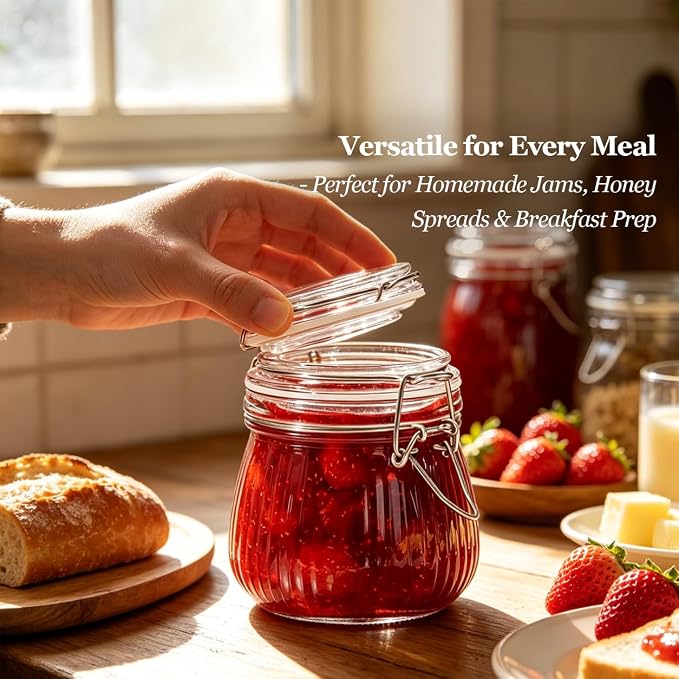 ComSaf Small Ribbed Glass Jars with Airtight Lids 17 oz 6 Pack Wide Mouth | Flour sugar coffee beans, Fermenting pickling, Farmhouse pantry decor, Jam jelly honey, Nuts snacks spices, Kitchen storage