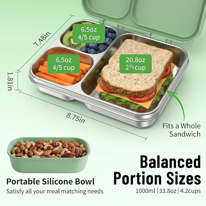 LOHASOK Stainless Steel Lunch Box, 34oz/1000ml, Green | 3-Compartment, Metal Bento Container, Leak Proof, Plastic Lid, for Kids Adults, BPA/BPS Free, Dishwasher Safe