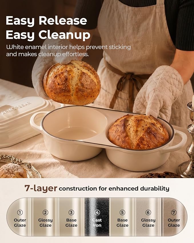 Mini Double Dutch Oven for Sourdough, Enameled Cast Iron Bread Pan, White | Double Loaf Bread Pan with Lid, Mini Sourdough Dutch Oven for Bread Baking