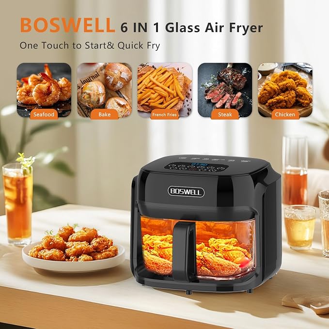 BOSWELL 7.5 QT Large Glass Air Fryer, 6-1 Preset Cook Modes | Transparent Fry Bowl, Black, Circulating Heating & Temperature Control, Steak, Fries, Bake,Chicken, Dishwasher Safe