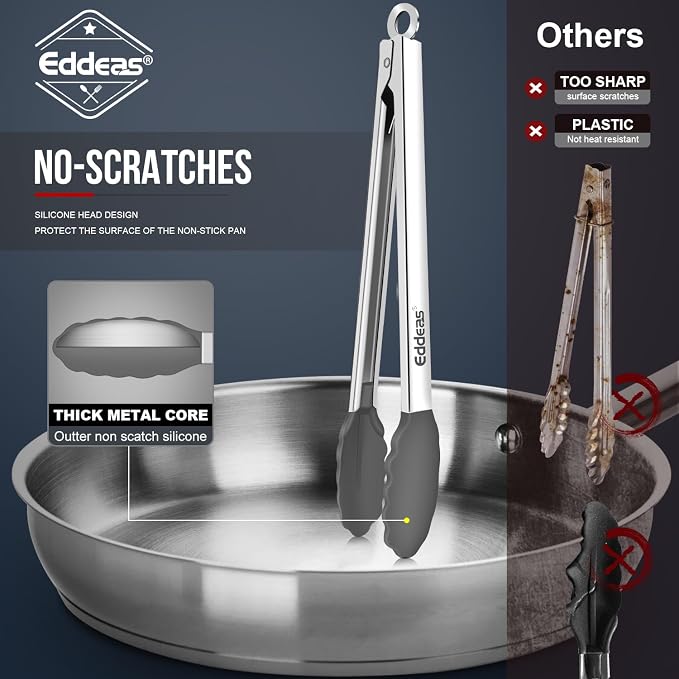Tongs For Cooking - Silicone Metal Kitchen Tong 7" 9" & 12" Grey | 600°F Heat Resistant Silicone Tong, All Metal handle Locking Tongs with Silicone Tips, Heavy Duty Stainless steel