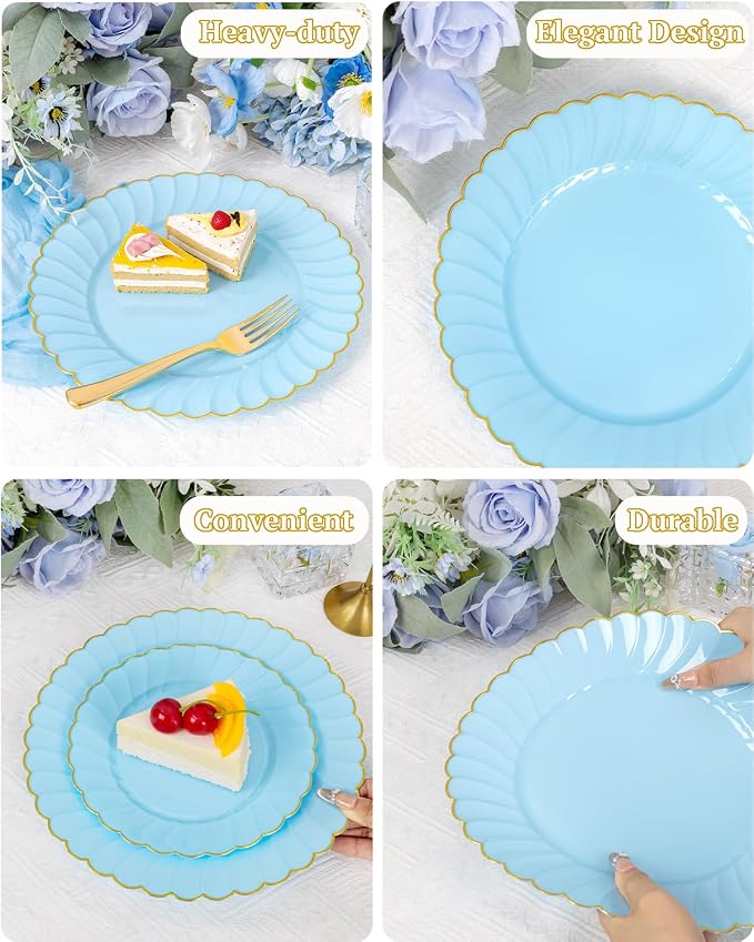 YOUBET 175PCS Light Blue Scalloped Plastic Plates for Party Wedding | Blue Disposable Dinnerware Set Include 50 Plates, 75 Gold Silverware, 25 Cups, 25 Napkins for Baby Shower