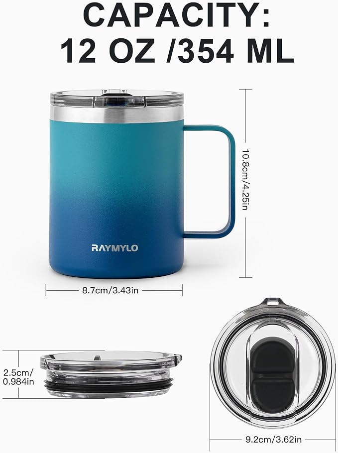 RAYMYLO Insulated Travel Coffee Mug with Handle, Coffee Tumbler Cup 12oz | Detachable Lid for Thoroughly Clean, Thermal Cup with Double-Wall Stainless Steel Vacuum Insulation, Spill Proof & BPA Free