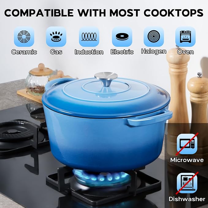 Onader Enameled Cast Iron Dutch Oven Pot with Lid, 5 Quart Round Dutch Oven for Bread Baking, Heavy Duty & Non Toxic - Blue