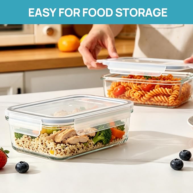 Vtopmart 2Pack 30oz Meal Prep Container Glass with Lids | Glass Food Storage Container Sets, Snap Airtight Lids, For Microwave, Oven, Freezer and Dishwasher, BPA Free